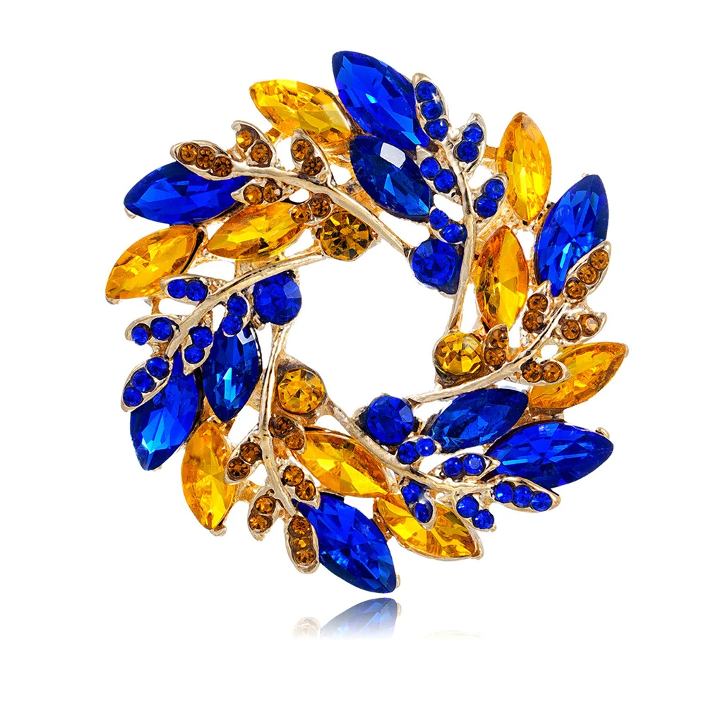 Classical Olive Branch Circle Brooches For Women Crystal Round Flowers Party Office Brooch Pins Gifts