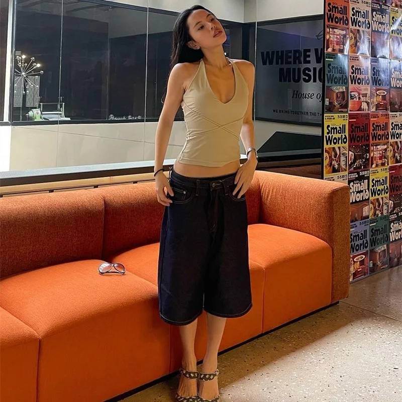 ALLNeon 90s Vintage Solid Halter Tops Summer Sleeveless Backless Tanks Top Y2K Aesthetics Slim Cross Bandage Camis Streetwear