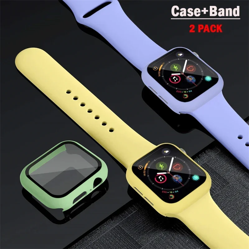 Silicone strap+Glass+Case For Apple Watch band 44mm 40mm 45mm 41mm 38mm 42mm cover+sport bracelet iWatch series 8 9 7 6 5 4 3 SE