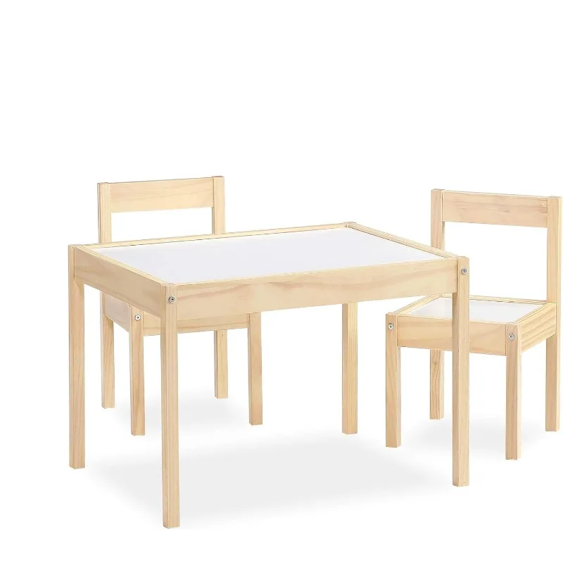 Mesa y silla para niños de 3 piezas con robusta construcción de madera, juego de mesa natural/blanco, 25,25 pulgadas de largo x 19,12 pulgadas de ancho x 17,87 pulgadas de alto