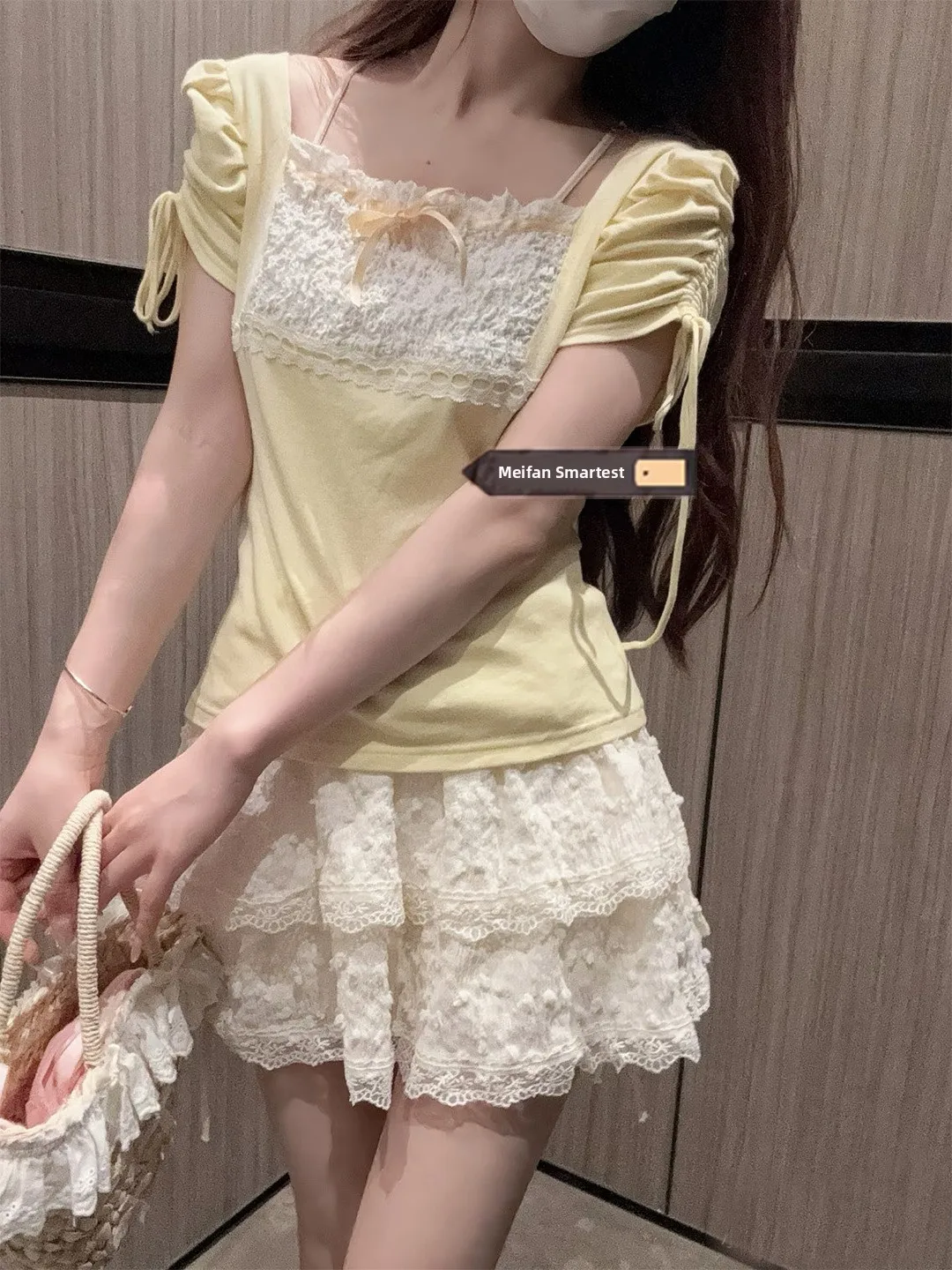 Cute Sweet Style Milk Apricot Half Skirt Women Summer Very Beautiful Embroidery Small Lace  Puffy Cake Skirt Commute