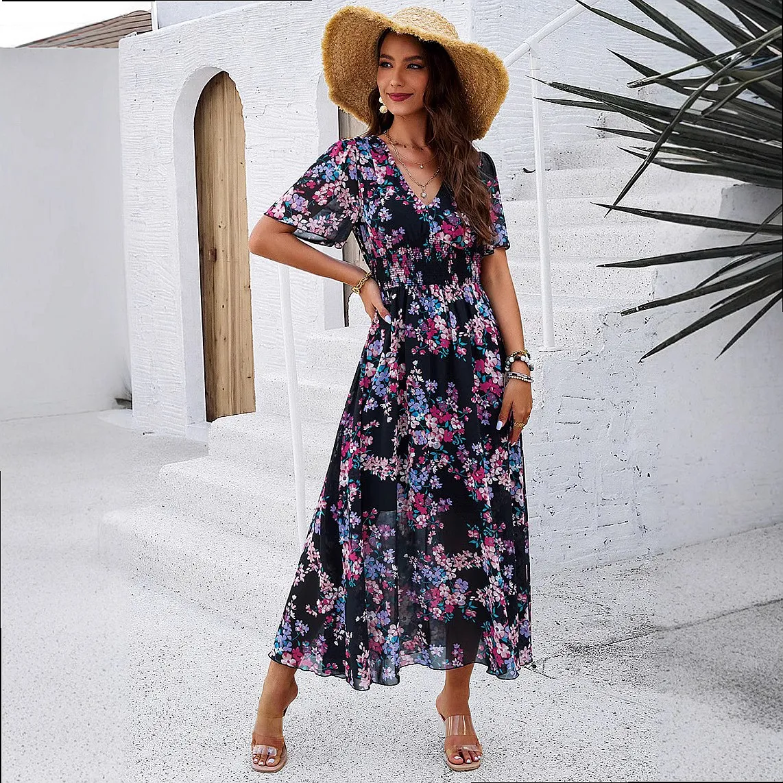Chiffon Dress Women Floral Print Short Sleeve Waist Cinched Elegant Dresses Spring Summer Blouse Top