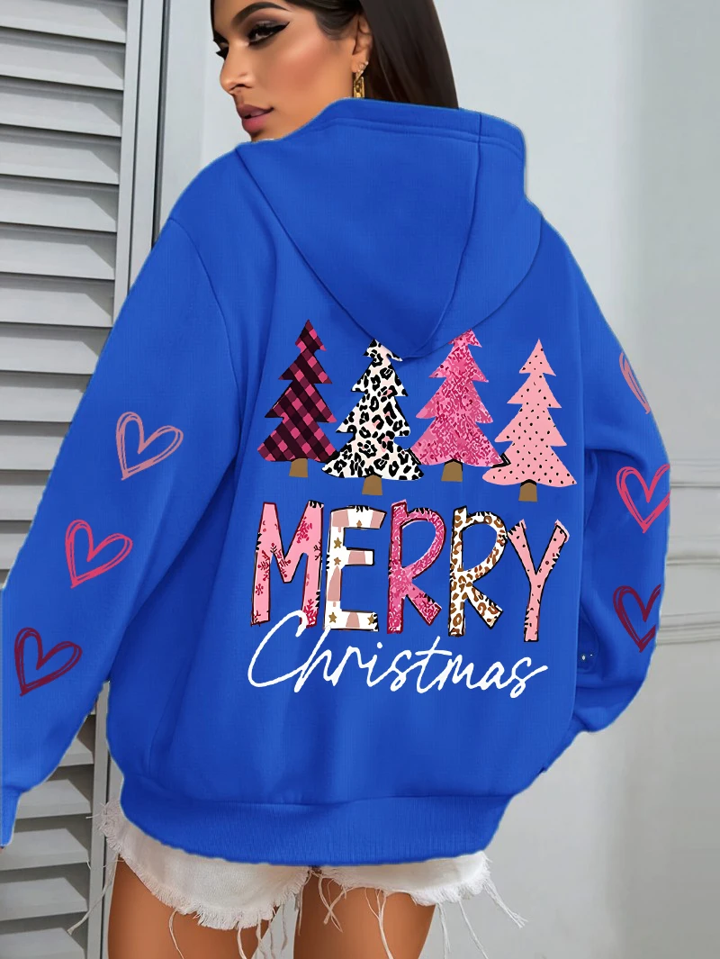 Merry Christmas Pink Tree Printing Women Hoody All-Match Autumn Hoodies Casual Loose Pullover Harajuku Pocket Streetwear