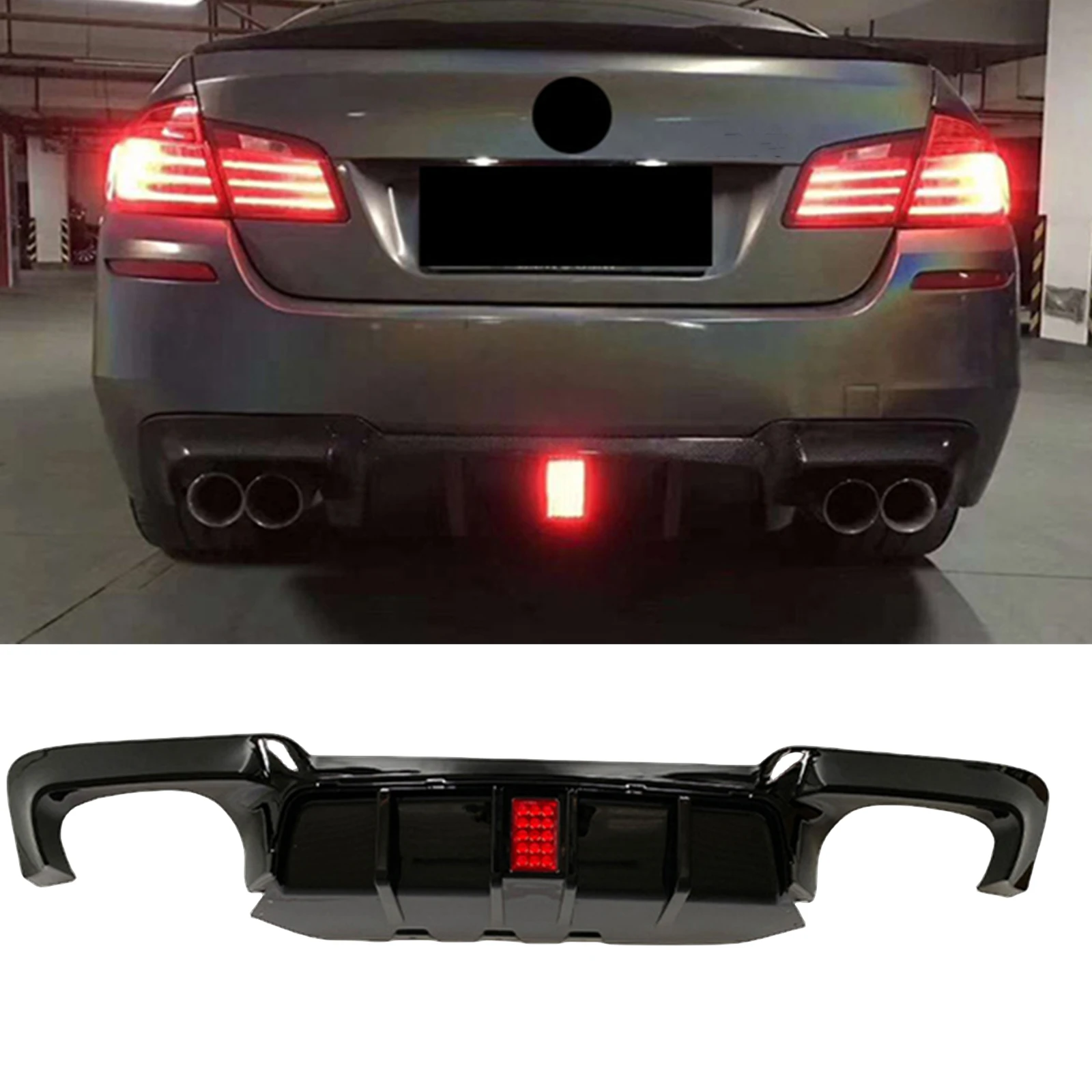 

For BMW 5 Series F10 F11 F18 M Sport 2010-2016 Rear Bumper Diffuser Lip With LED Lamp Carbon Fiber Look/Gloss Black Boot Spoiler