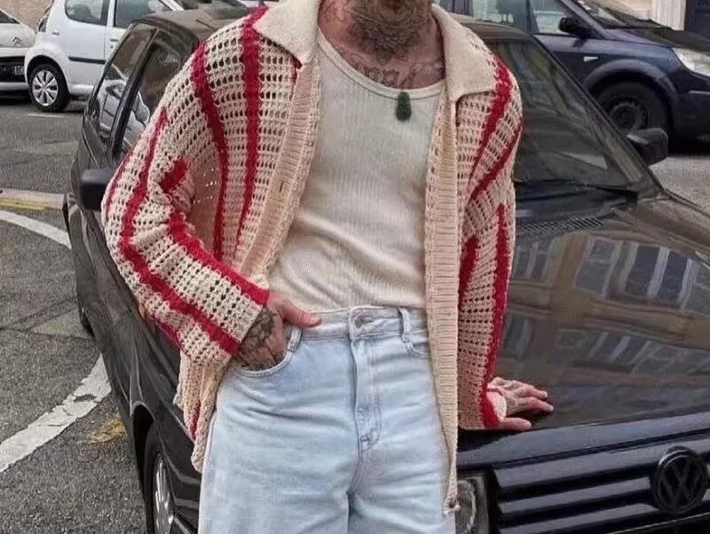2026 Hollow Striped Knitted Cardigan Men's Loose Collar Jacket Sexy Perspective Contrasting Woolen Fabric