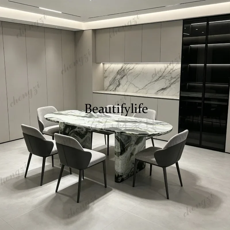 EE182 Nordic light luxury high-grade natural green marble oval dining table Villa hotel dining table negotiation table