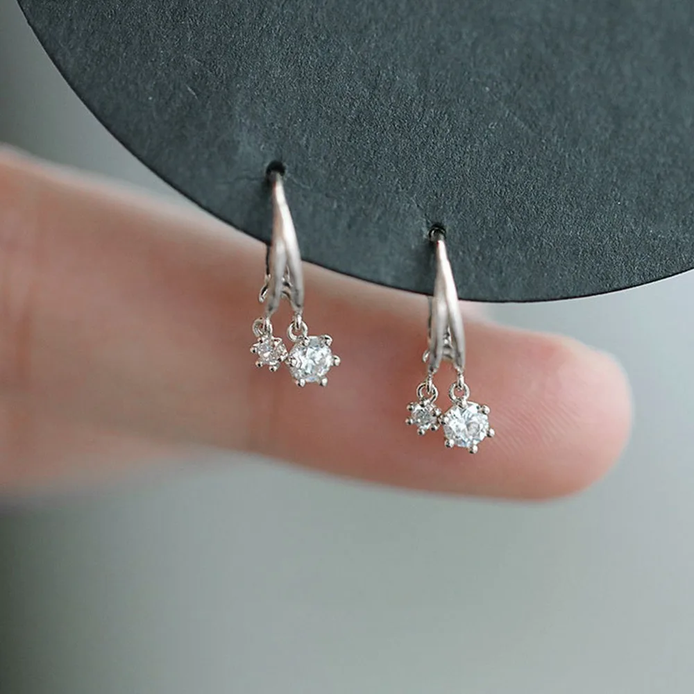Simple Versatile Silver Color U-shaped Two Round 5A Zircon Dangle Earrings for Women Fresh Clean Daily Wear Jewelry Accessories
