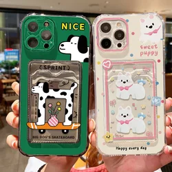 Transparent Card Slot Bag Holder Phone Case For iPhone 13 15 16 11 17 12 14 Pro Max XR XS X 7 8 Plus SE Cartoon Cute Dog Cover