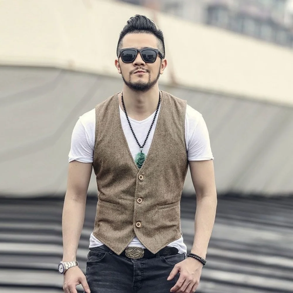V Neck Men's Linen Vest Single Breasted Vintage Real Pocket Men's Summer Linen Waistcoat For Wedding