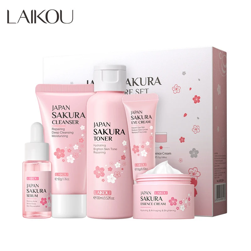 Sakura Skin Care Sets Face Cream Eye Cream Facial Cleanser Smoothing Serum Cream Korean Cosmetics Face Care Eyes Care Skincare