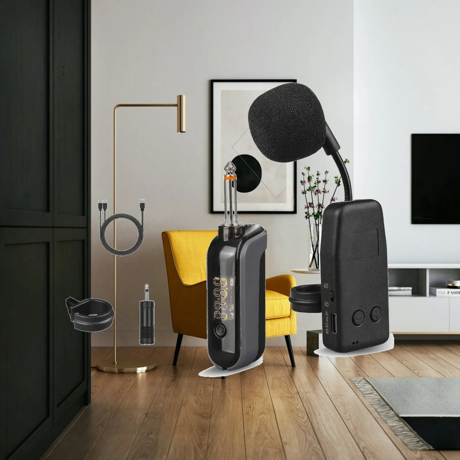 Instrument Pickup with Gooseneck Rechargeable Instrument Pickup with Transmitter and Receiver Low Latency Noise Reducing
