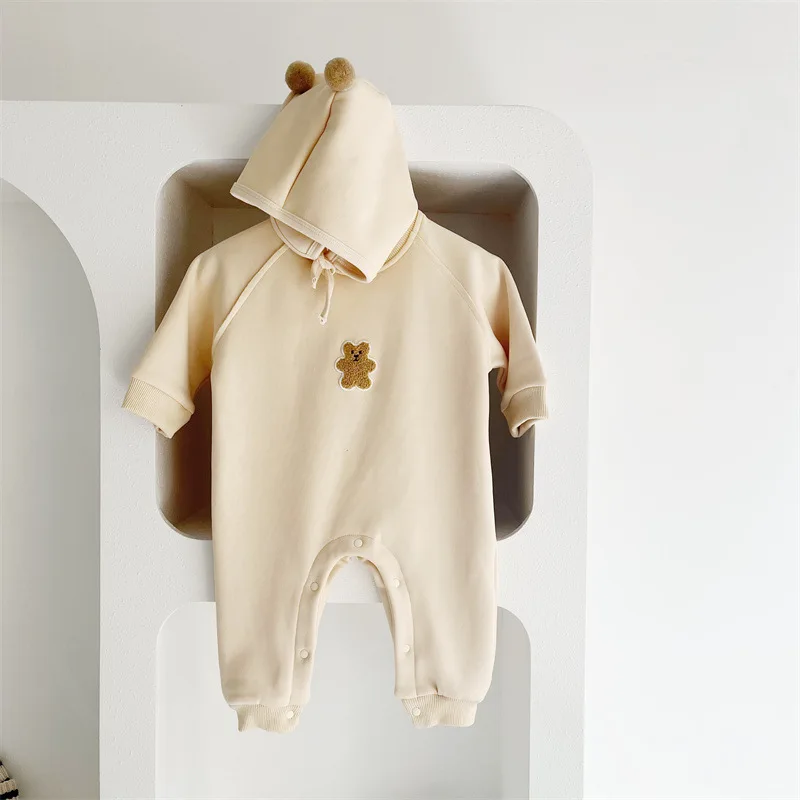 2024 Autumn Winter Baby Romper Hat Toddler Outfit Set Cute Bear Korean Kids Jumpsuits for Girls Boys Clothes Fashion Infant Suit