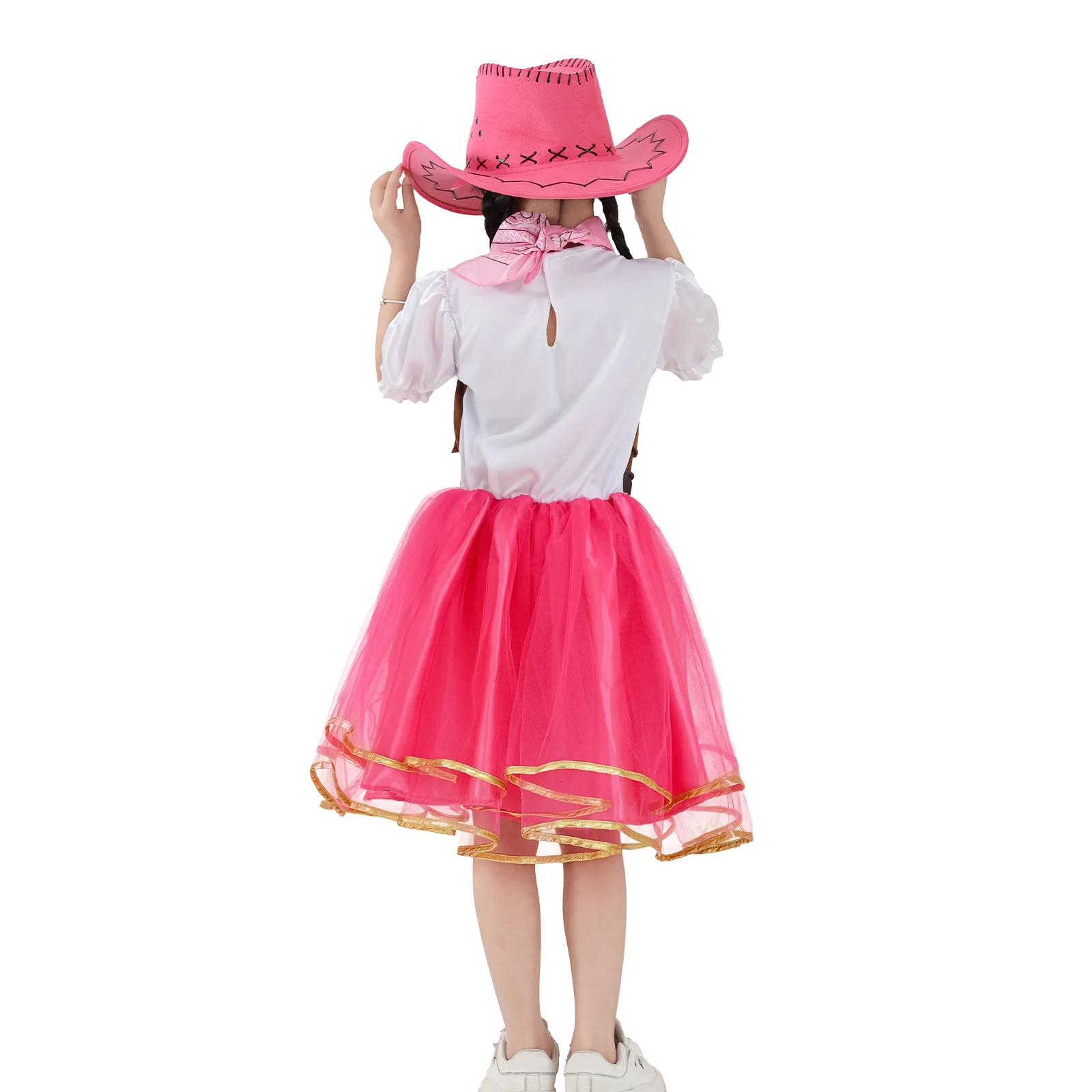 Girls' Western Cowboy Dress Set with Cowboy Hat and Square Scarf Halloween Carnival Party Costume Fun Dress Up Cosplay