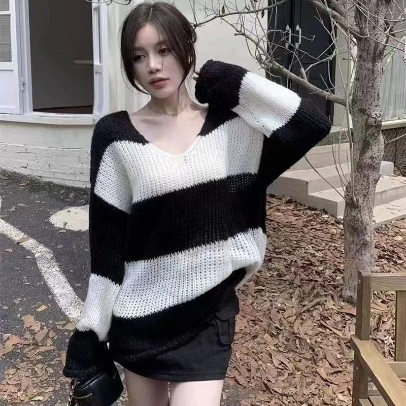 Women V Neck Long Sleeve Sweater Spring Thin Striped Fashion All-match Sexy Harajuku Knit 2xl Oversized Pullover Tops Black Pink