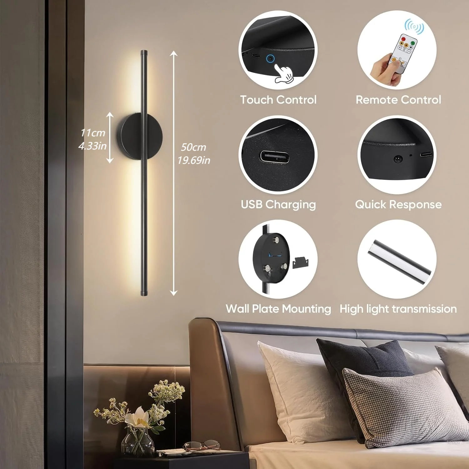 1/2PCS Battery Operated Wall Sconces Wireless Rechargeable Lamp Black Remote Control Dimmable Cordless Wall Light Decor Room