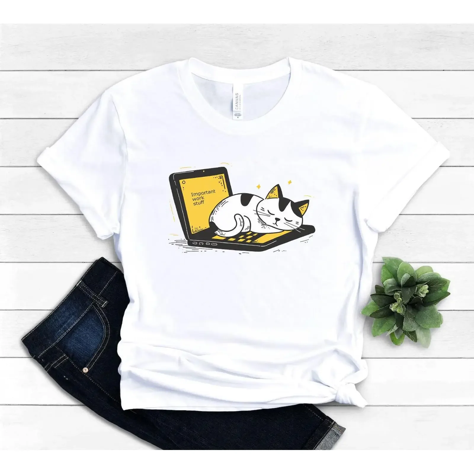 Funny Cat Laptop T Shirt Sleep Mode Activated Home Office  vintage Washed Versatile Stylish streetwear homme designer clothes