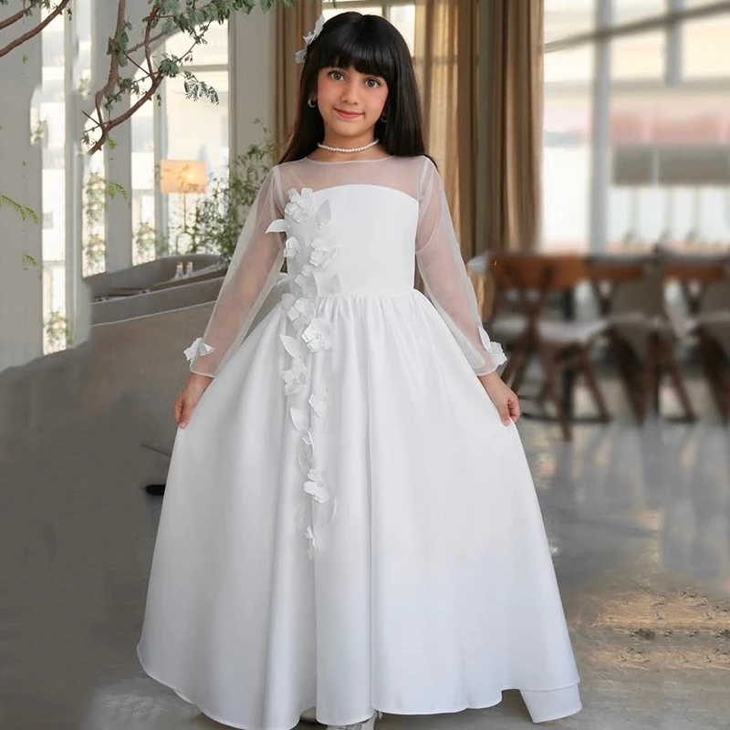 

LORIE Simple White Satin Flowers Girl Dress O-Neck Tulle Full Sleeves Kids Wedding Dress A-Line Birthday Dresses Customized
