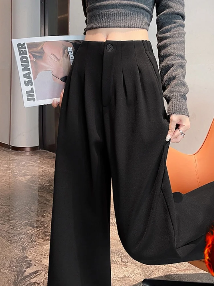 ハイウエスト裏起毛ワイドレッグパンツ レディース カジュアルストレートレギンス 着痩せ 暖かい 秋冬新作 スモールサイズ ブラック