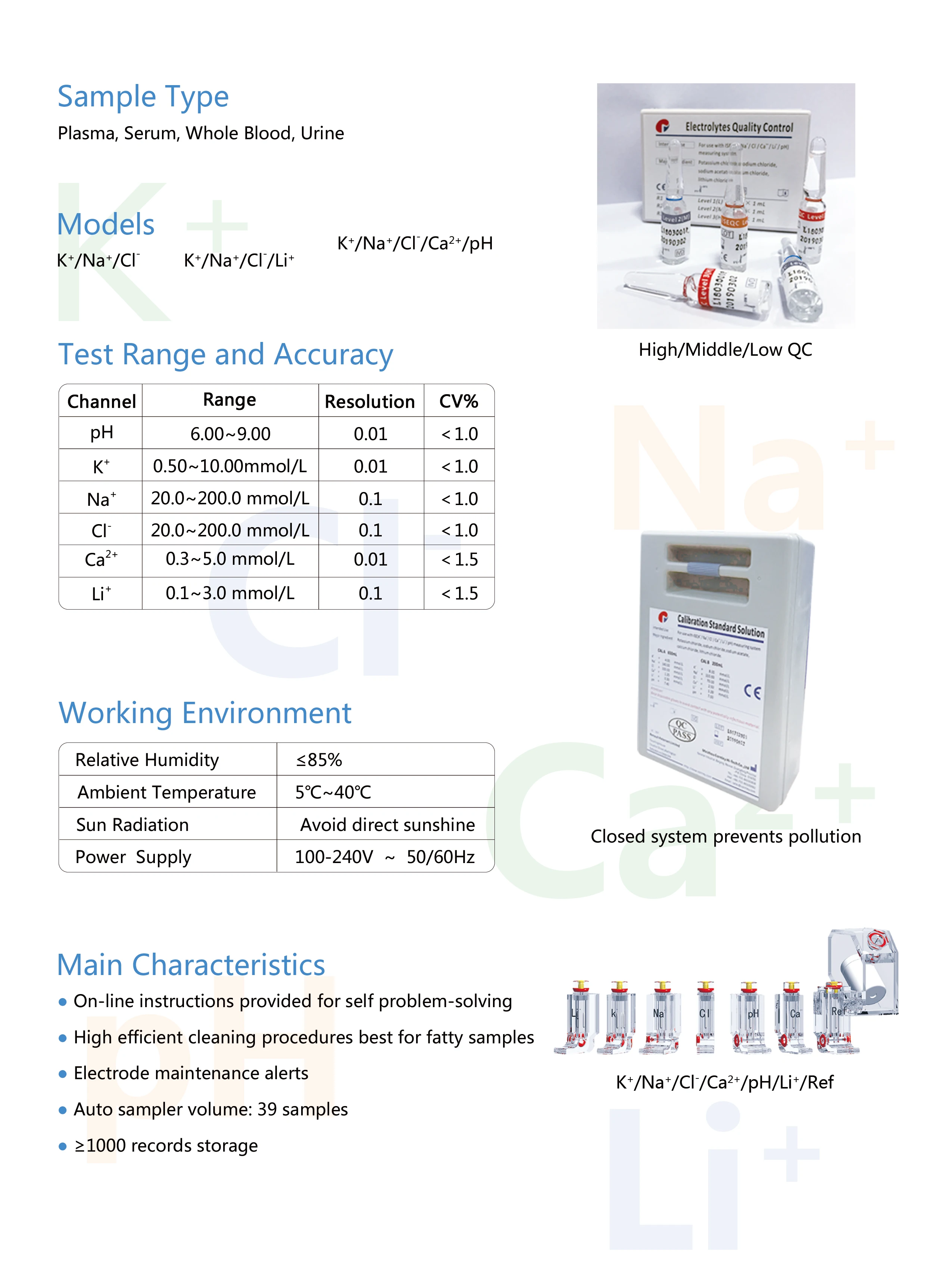 Analyseur d'Électrolytes Série AFT-400, Électrode ISE, Haute Vitesse K Na Cl Ca PH TCO2 (ACa,TCa ,AG)