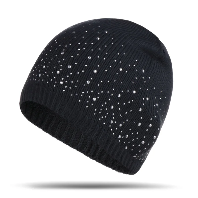 Female fashion headdress casual outdoor ski cap female thick section warm hat ladies half face full drill warm knit hat F10