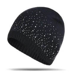 Female fashion headdress casual outdoor ski cap female thick section warm hat ladies half face full drill warm knit hat F10