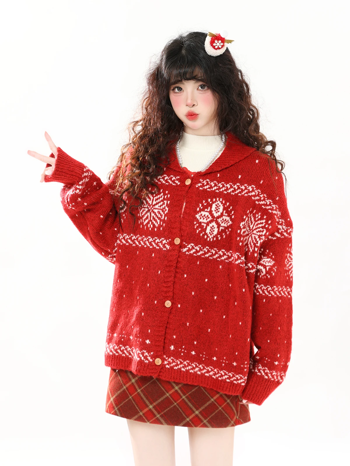 

ENJOG Ретро Fair Isle воротник красный вязаный свитер женский осень-зима Cisas свободный повседневный трикотаж открытый кардиган длинный све