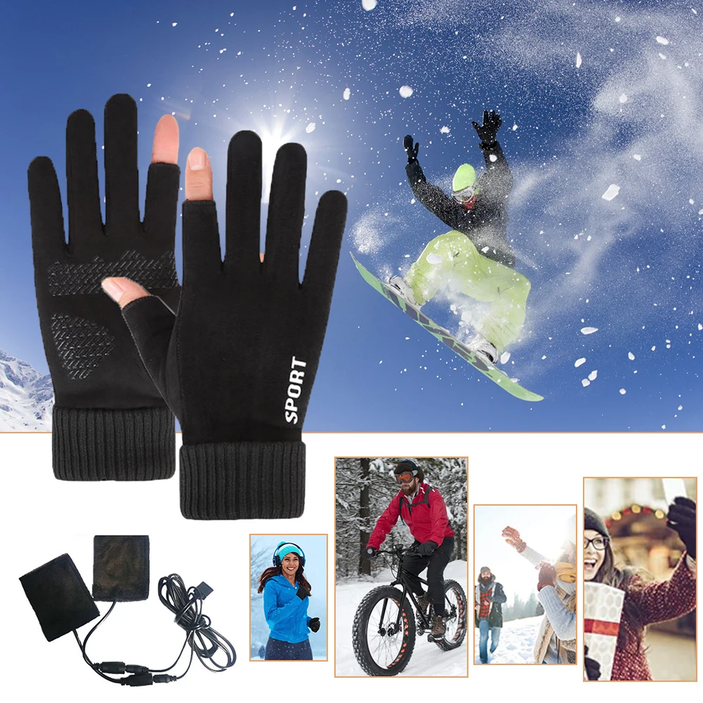 Touch Screen Electric Heated Hand Warmer Windproof USB Rechargeable Heating Thermal Gloves 2 Finger Heated Gloves for Women Men