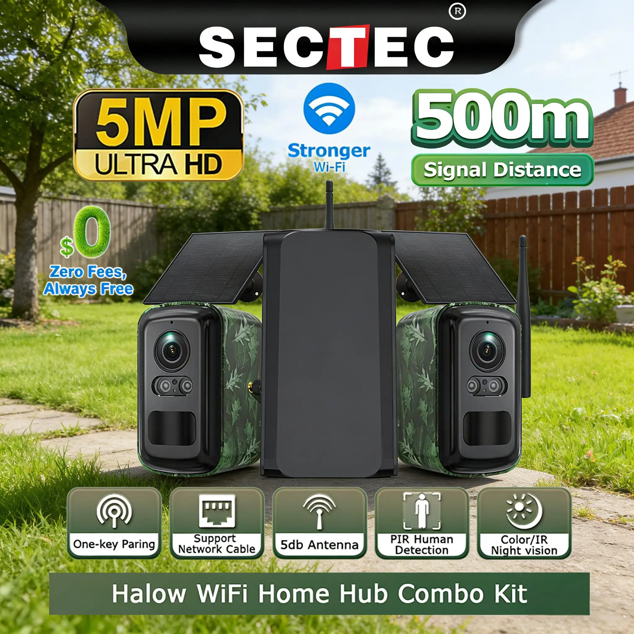 Sectec 5MP Solar Battery Camera with Home Hub Combo Kit 7800mAh Powered by Solar Panel WIFI CCTV Outdoor Surveillance Set