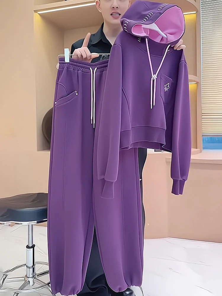 

Fashionable Casual Set Women's Spring New Long Sleeve Hoodie High Waist Wide Leg Pants Running Two Piece Set Comfortable Spor...