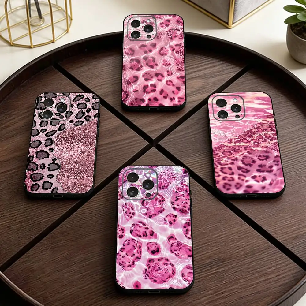 

Fashion Pink Leopard Print Phone Case For iPhone 17,16,15,14,13,12,11 Plus,Pro Max,XS,Soft Silicone Black Cover