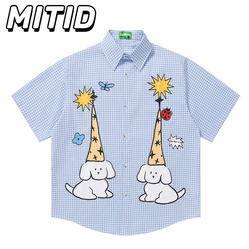 

Japanese Fashion Summer Shirt Men Retro Cute Puppy Printed Short Sleeve Plaid Men Shirt Soft Oversized Shirts Blouses For Lovers