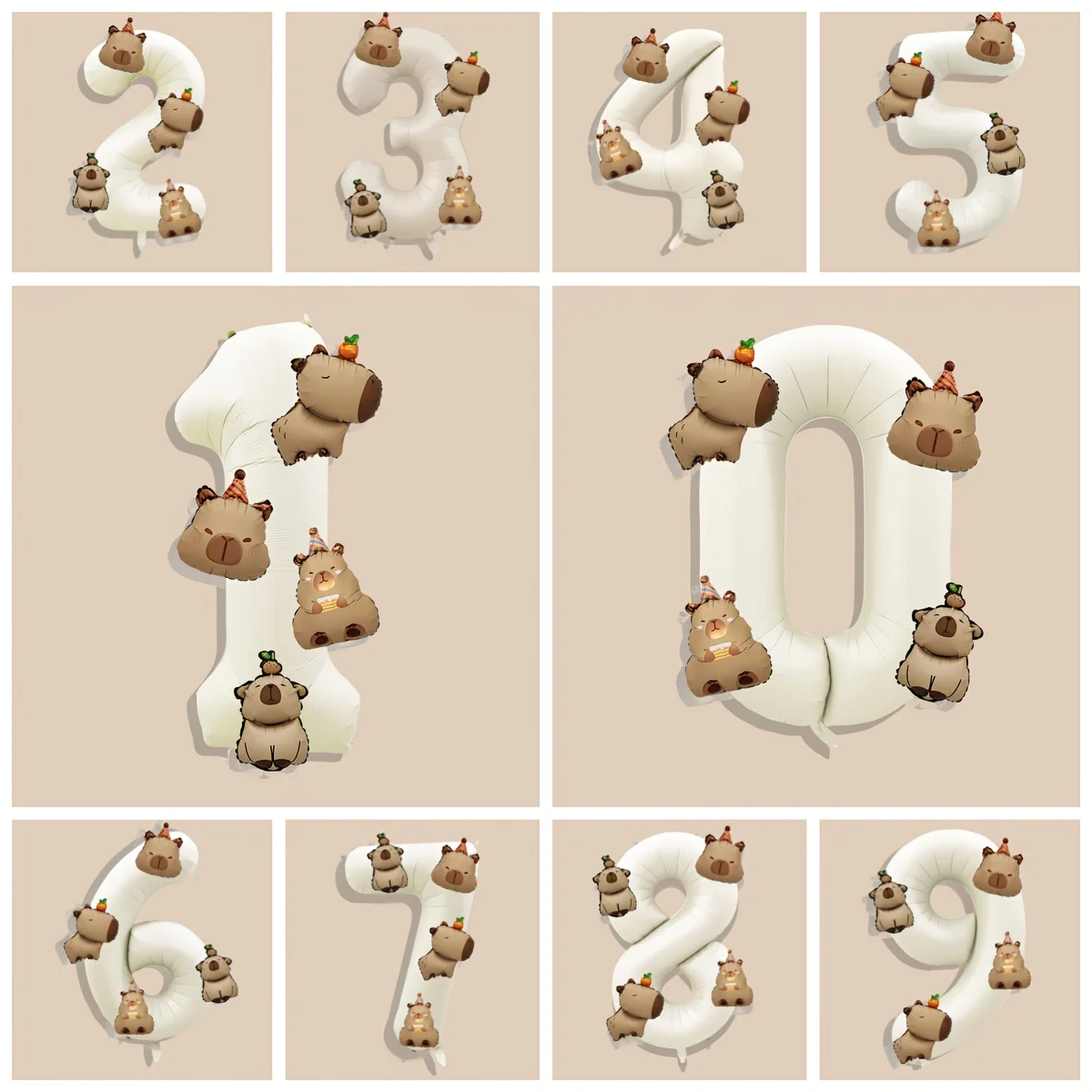 Capybara Geburtstags-Folienballon-Set - 5-teilige Tier-Party-Dekoration mit Zahlen & verspielten Designs, Geburtstag, Babyparty, Gen
