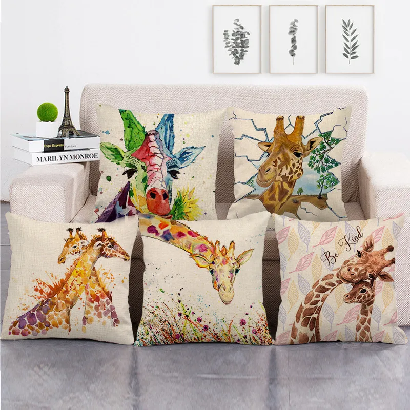 

Cute Giraffe Pillowcase Rainbow Animal Cotton Linen Pillow Case for Living Room Bed Sofa Boy Girl Kid Room Cushions Cover 40x40