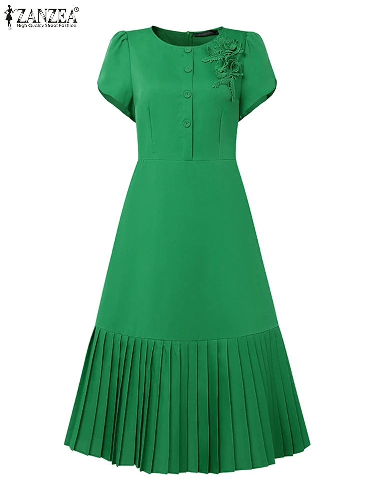 ZANZEA 2025 Robe plissée d'été femmes couleur unie Robe d'été mode manches courtes décontracté Robe ample a-ligne robes de soirée S-3XL