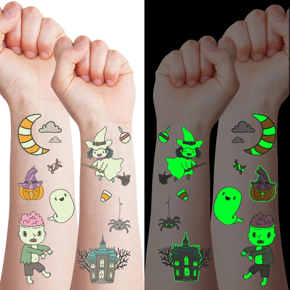 Luminous Halloween Tattoo Stickers Cartoon Glowing Temporary Tattoos For Kids Body Art Face Arm Fake Tattoos Gifts Decorations