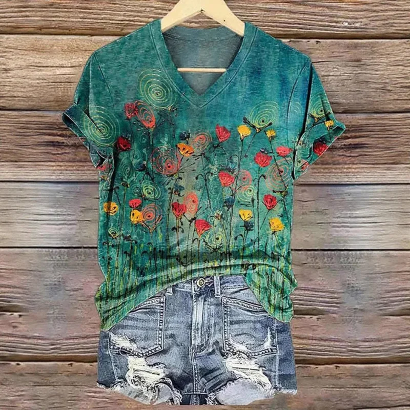 

325839New European and American Style Plus Size Loose Women's ClothingVOil Painting Print Pullover Short Sleeve for Middle-aged