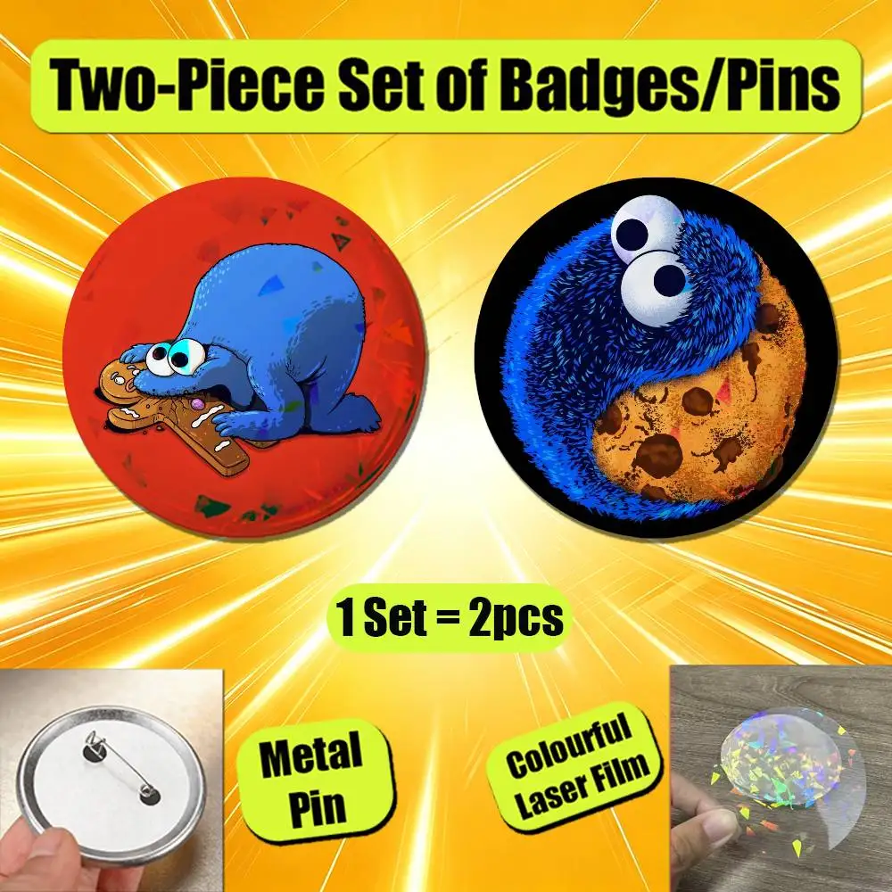 For Cookie Monster Fanart Enamel Pin Badge Set 2PCS Round Metal Button Brooch Backpack Ita Bag Pins Custom - view 5