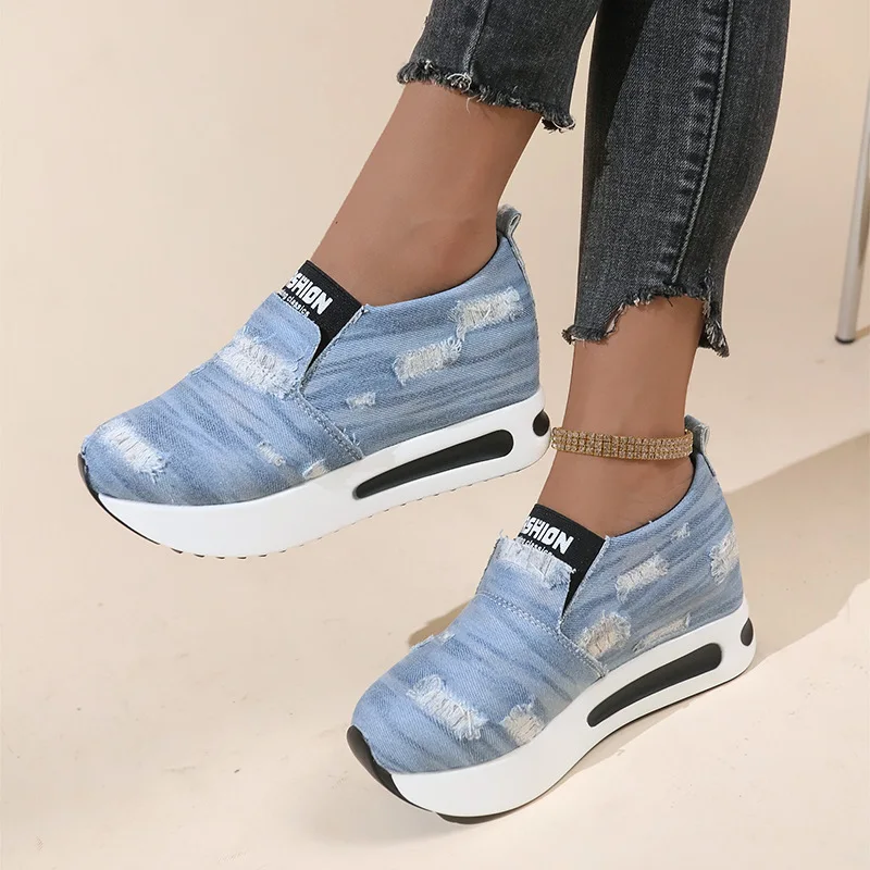 Woman Shoes 2023  New Sports Casual Shoes Denim Fashion Women\'s Single Shoe Jean Shoes for Women Slip-On Platform Sneakers