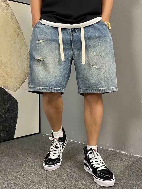 Summer American Casual Washed Vintage Hole Jeans Shorts Men Straight Loose Trendy Brand Five-Point Pants Leisure Denim Shorts