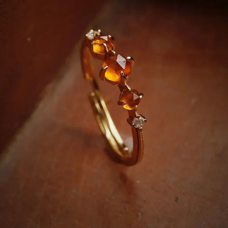 Designer New Silver Diamond Luxury Delicate Orange Gemstone Opening Adjustable Vintage Temperament Gorgeous Ladies Ring