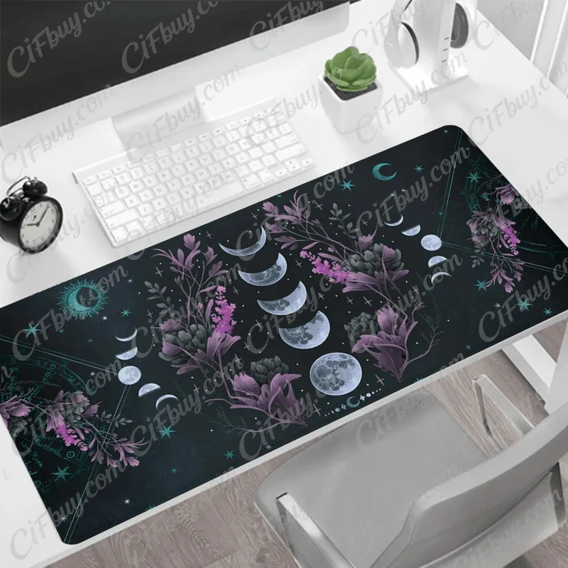 CIFbuy Large Mysterious Moon Phase Floral Pattern Gaming Mouse Pad Non Slip Rubber Base Stitched Edges Extended Desk Mat