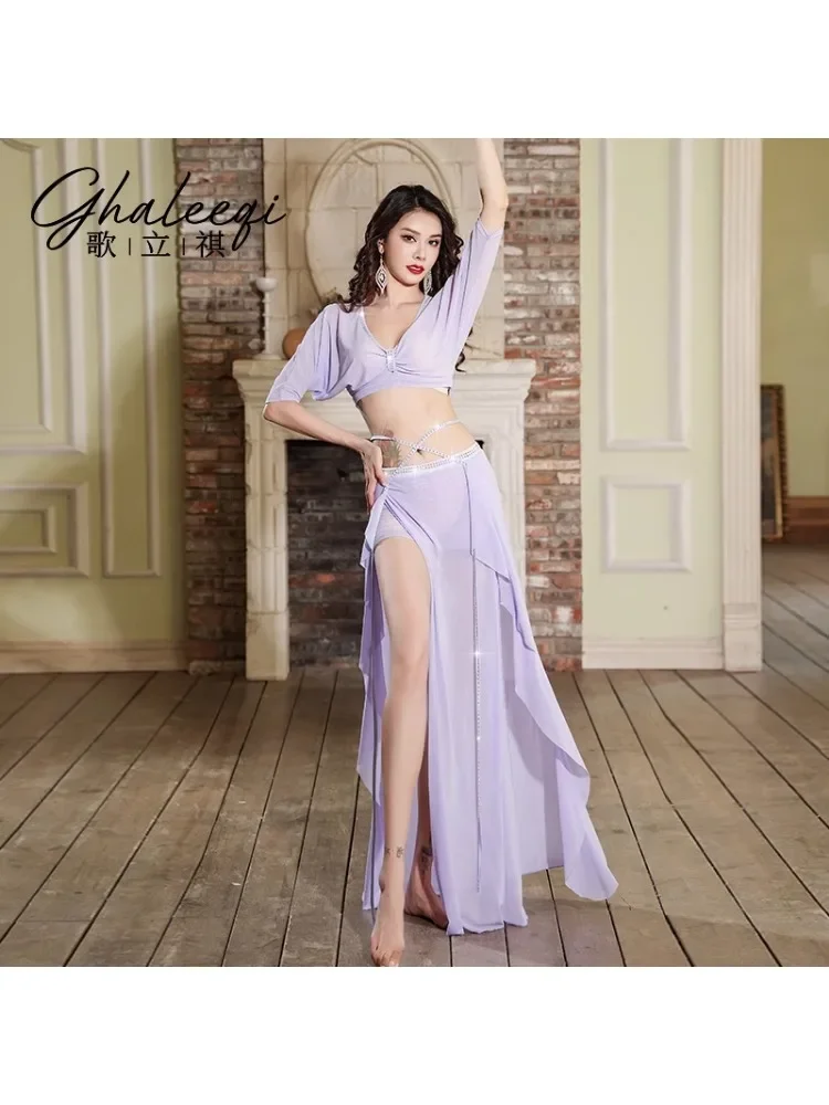 Belly dance wear with drill training outfit sexy slit long skirt set performance outfit training group outfit festival clothing