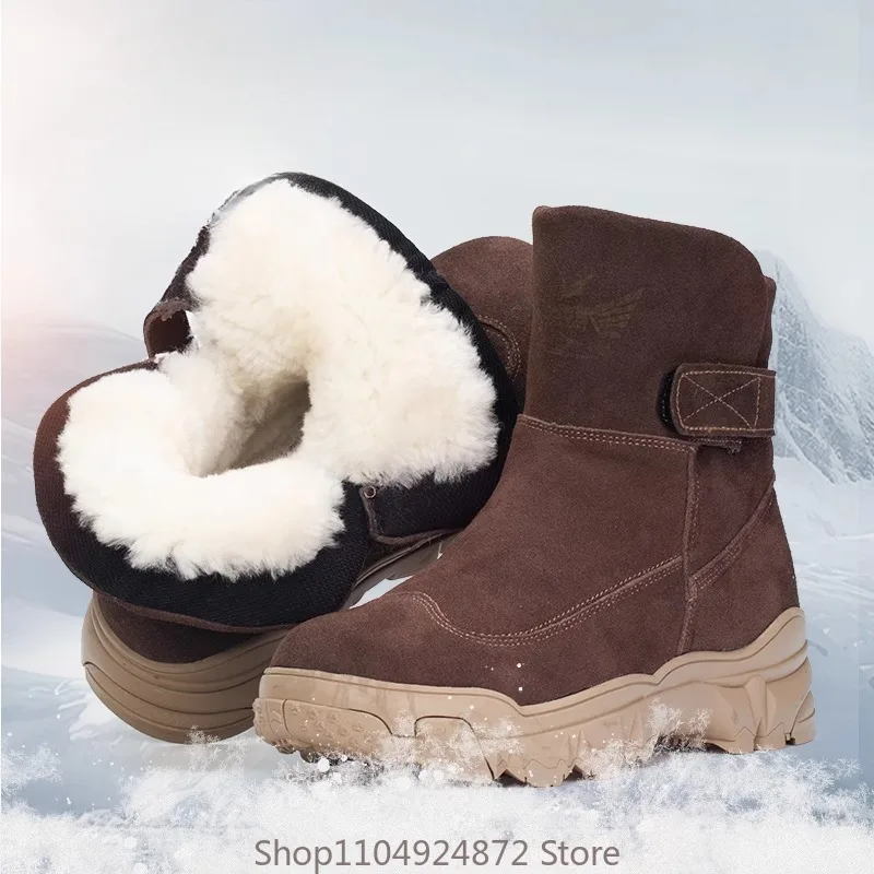 Outdoor Casual Snow Boots Men's Shoes Thick Sole High Top Winter Thick Wool Warm Waterproof Anti Slip Cotton Boots Male Brown