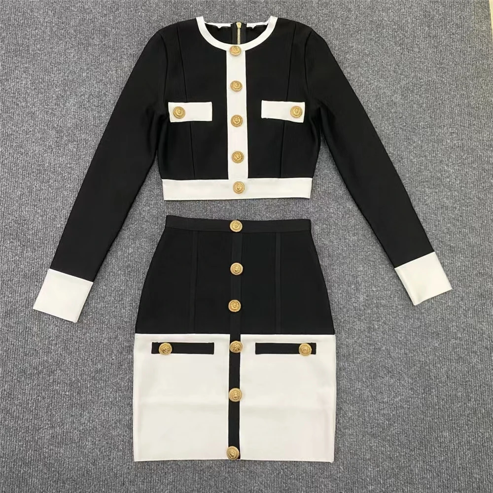 New High Street New in Matching Sets Black White O Neck Long Sleeves Two Piece For Women Bodycon Bandage Dress Set Party Outfit