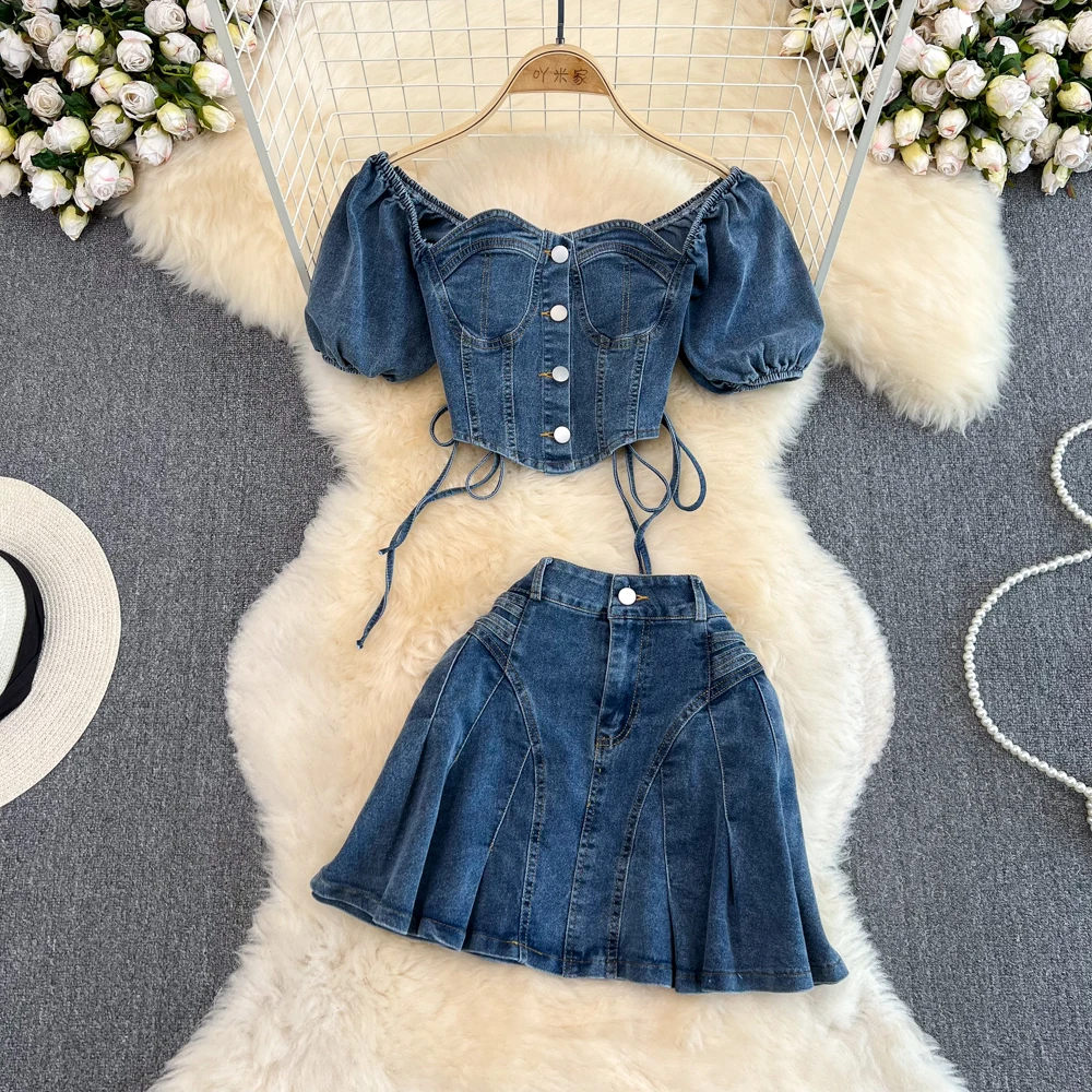 Amolapha Women Summer Jeans Sets Strapless Bandage Denim Short Style Tops+Mini Fishtail Denim Skirt 2 Pieces Clothing Suits