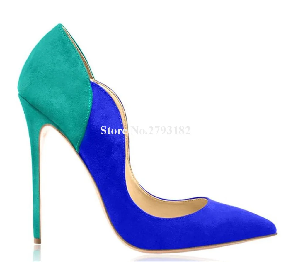 Fashion Patchwork Suede Shallow Slip-on Stiletto Heel Pumps Sexy Pointed Toe Blue Orange Pink Black Thin Heel Dress Shoes