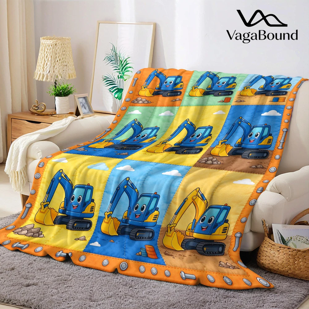 Blue Excavator Bolt Grid Flannel Blanket Perfect for Sofa Office Bed Travel Sleep Read Relax Camping Four Season Use