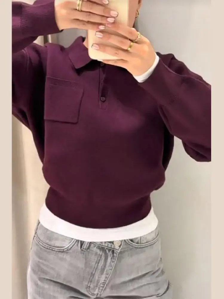 2025 винтажный винно-красный пуловер с воротником с лацканами, женский повседневный пуловер с длинным рукавом и эластичной резинкой на талии, карман на пуговицах, осенняя одежда для поездок на работу 2025 винтажный винно-красный пуловер с воротником с лацканами, женский повседневный пуловер с длинным рукавом и эластичной резинкой на талии, карман на пуговицах, осенняя одежда для поездок на работу