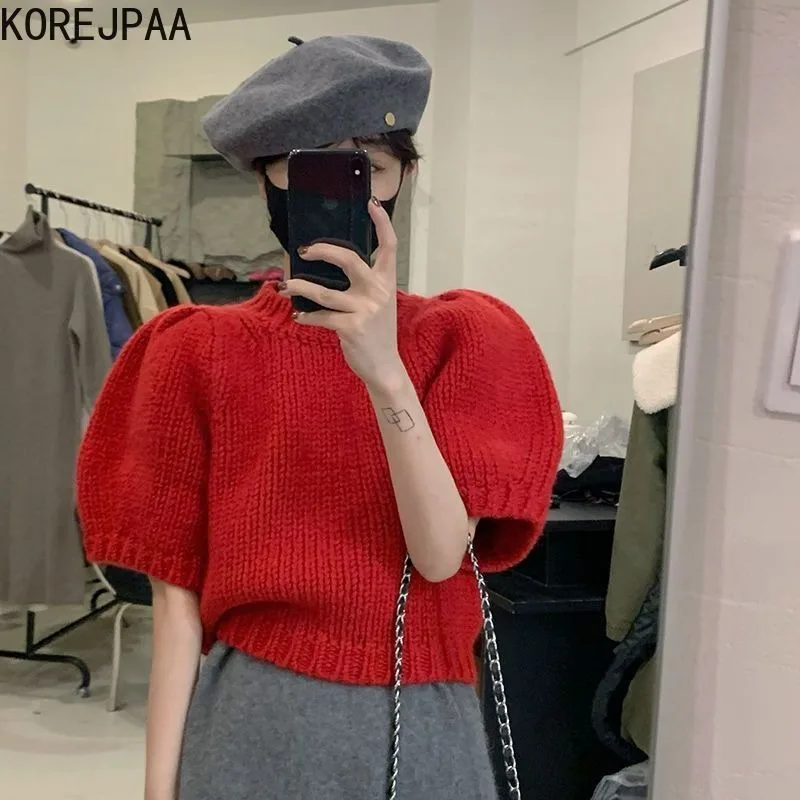 Korejpaa Korea Fashion Knitted Pullover Sweater Knitwear 2024 Early Spring Short Sleeve Joker Pull Femme Round Neck Women Tops