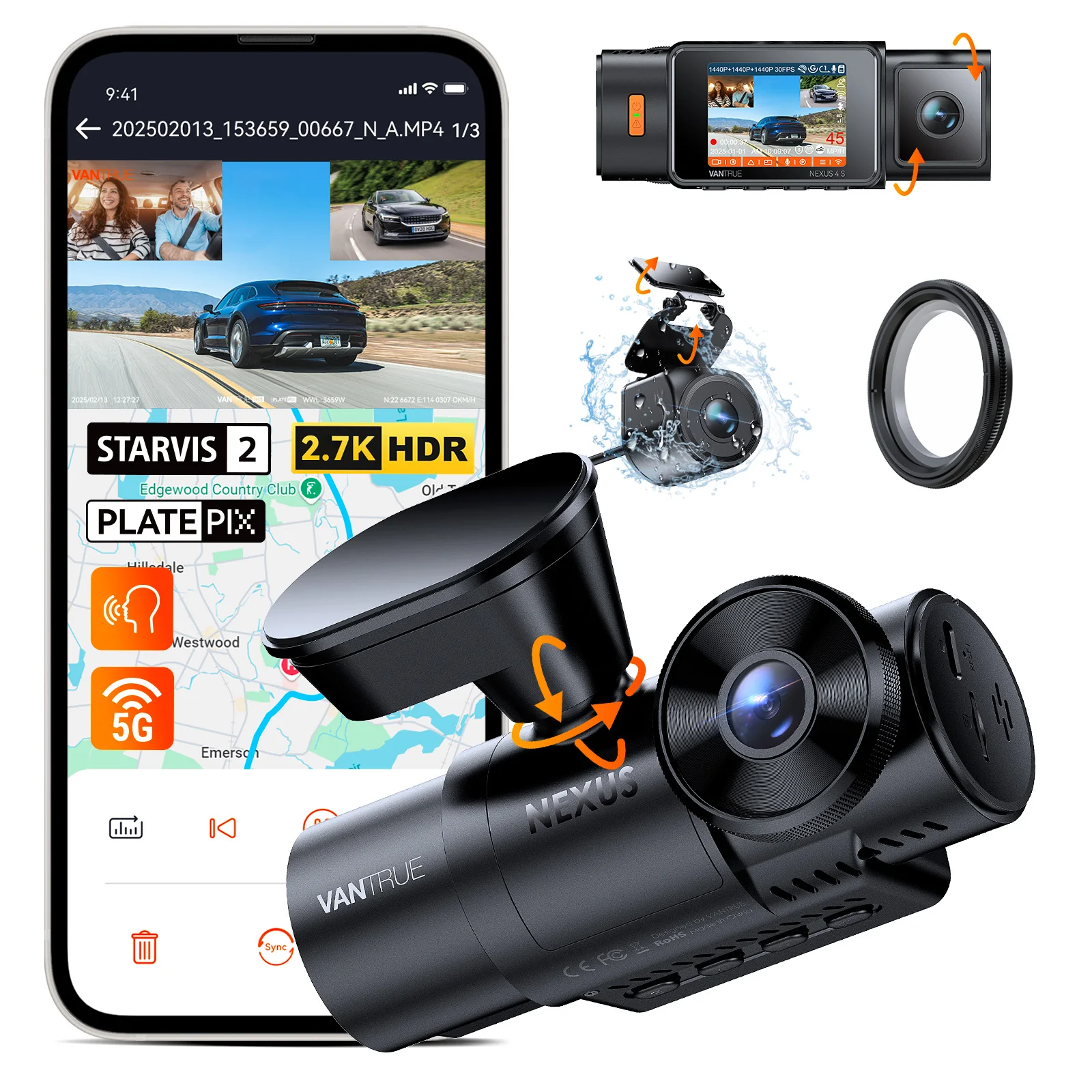 Vantrue N4S DashCam 3-kanaals WiFi STARVIS 2 2,7K + 1440P + 1440 Waterdichte achteruitrijcamera HDR IR Nachtzicht GPS 24 uur verpakkingsmodus